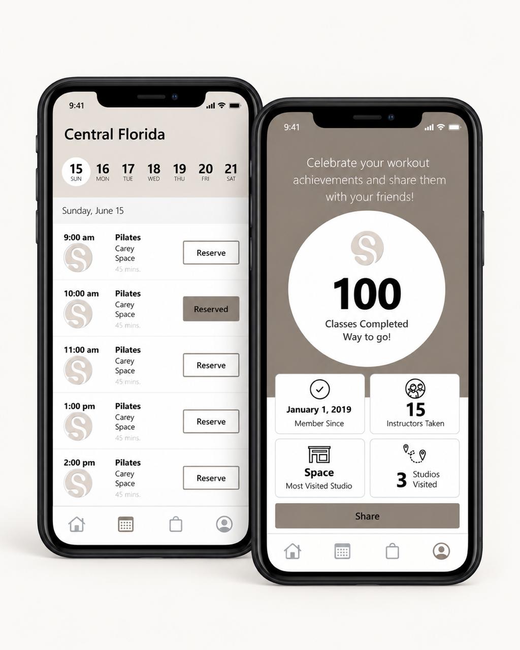 Space Pilates app — class schedule and milestones